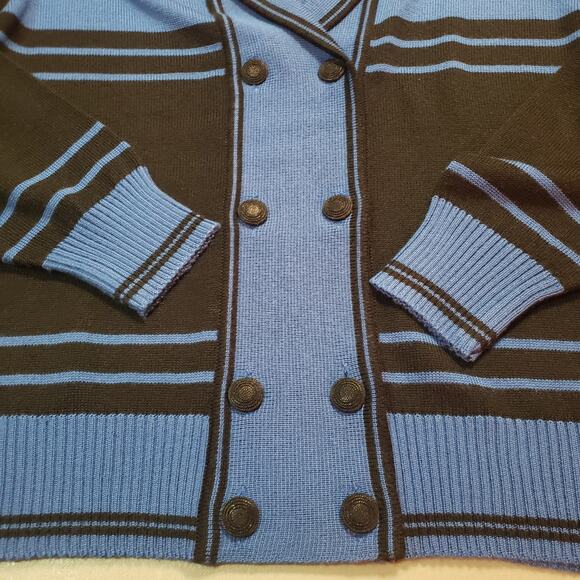 VTG Grazia Italy 80s Knit Cardigan XL Cobalt Black Striped Double Breasted - Picture 4 of 7